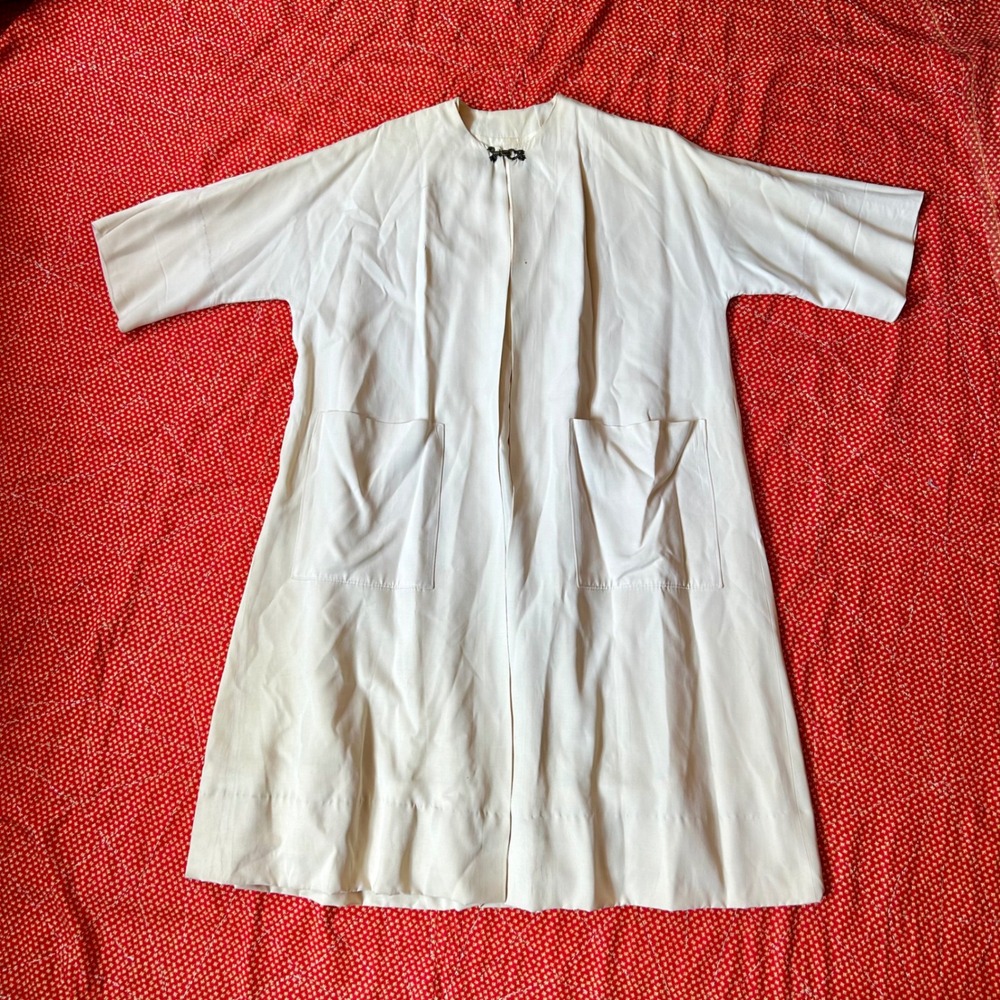 Antique rayon Cream White Longline Duster Coat Kimono Robe Frog Closure Pockets